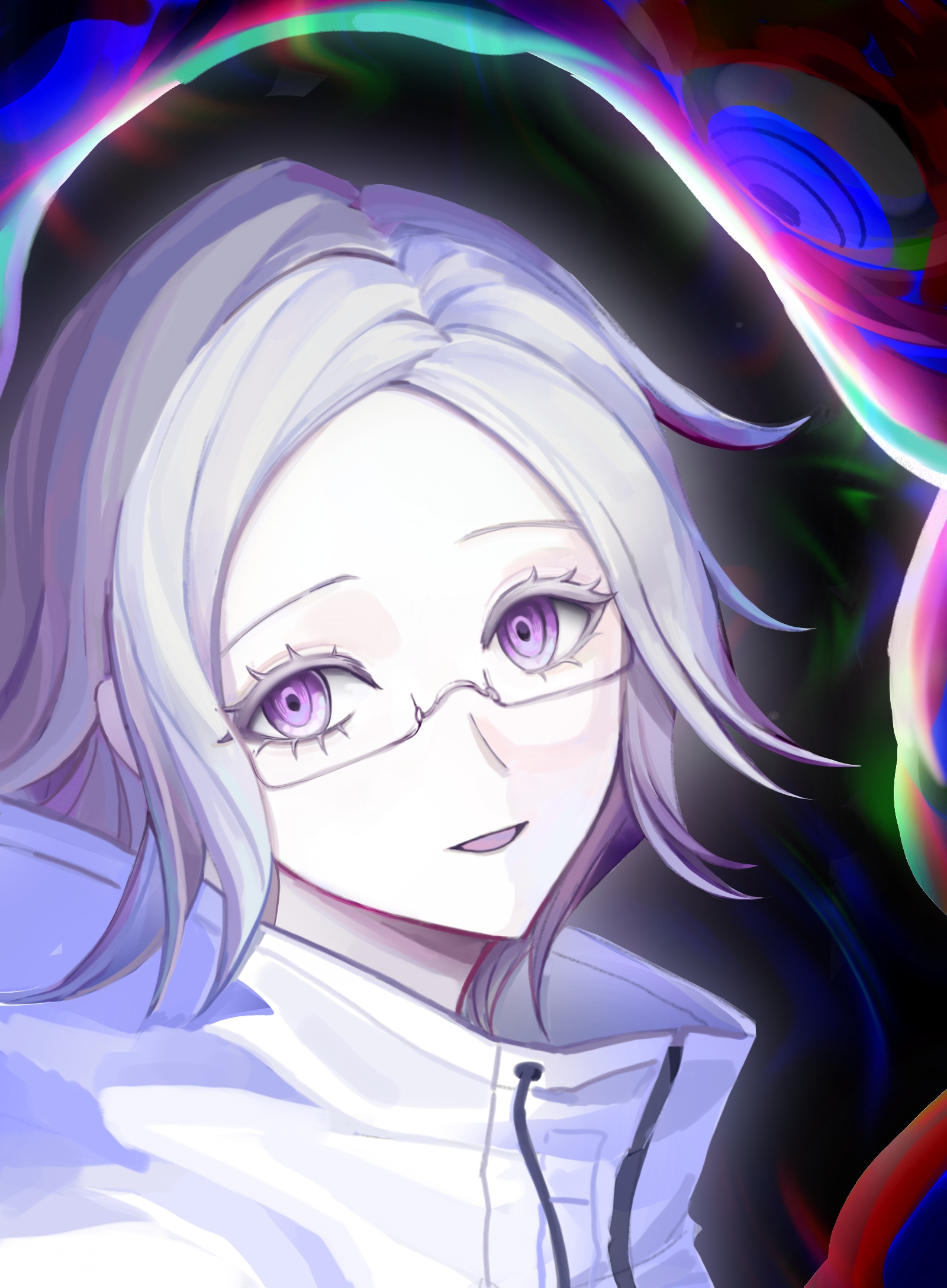 aotsuki eito, the hundred line -last defense academy-, chinese commentary, commentary request, highres, 1boy, blue eyes, glasses, grey hair, head tilt, jacket, looking at another, looking at viewer, male focus, monster, open mouth, purple eyes, short hair, smile, solo, upper body, white jacket, yan (9002532944)