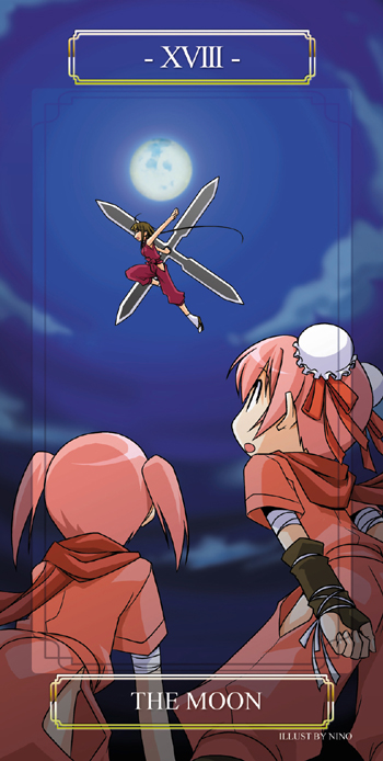nino (ninouchi irazu), nagase kaede, narutaki fumika, narutaki fuuka, mahou sensei negima!, 00s, 3girls, card (medium), moon, multiple girls, ninja, siblings, sisters, tarot, tarot (medium), the moon (tarot)