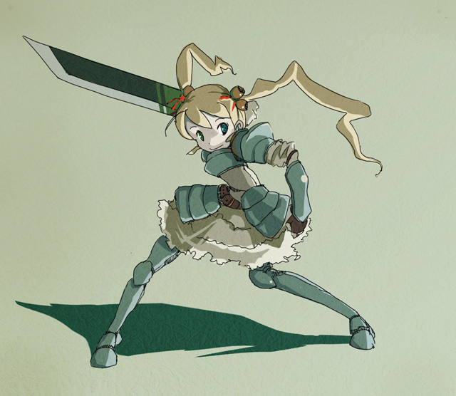 kito (motti234), kagurazaka asuna, mahou sensei negima!, 00s, 1girl, armor, armored dress, bell, dress, female focus, hair ornament, heterochromia, long hair, solo, sword, twintails, weapon
