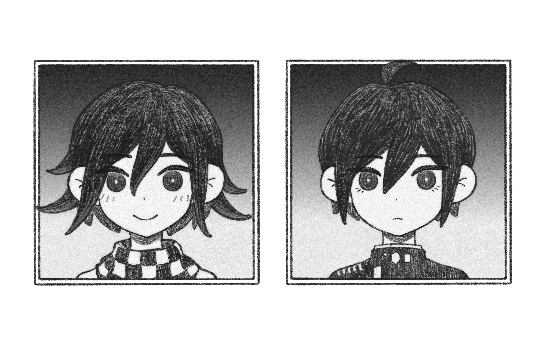 oma kokichi, saihara shuichi, danganronpa (series), danganronpa v3: killing harmony, omori, highres, 2boys, ahoge, blush, frown, grapeoolongteaaa, greyscale, hair between eyes, looking at viewer, male focus, monochrome, multiple boys, parody, portrait, short hair, smile, style parody