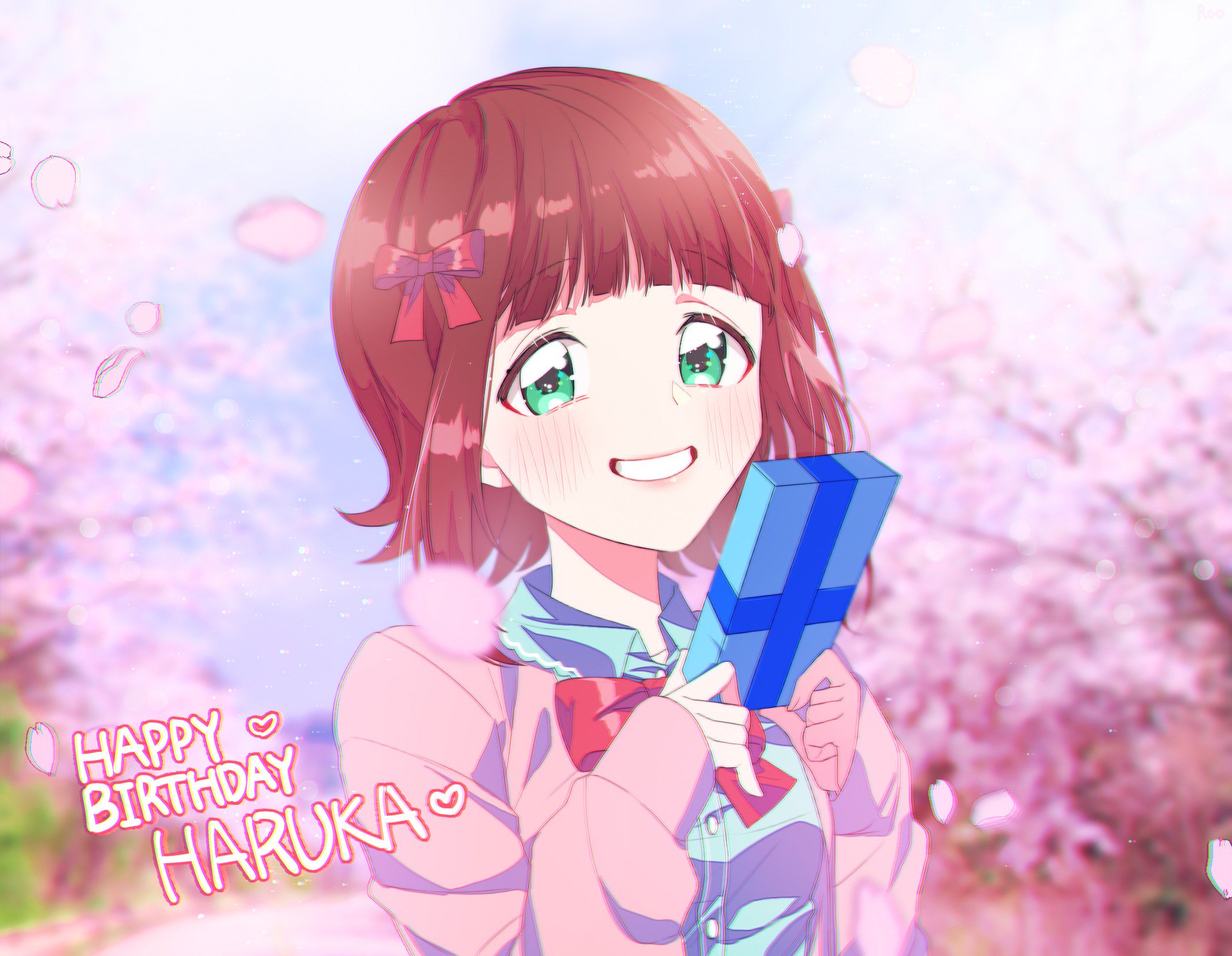 lunim (roo 0 0), amami haruka, idolmaster, idolmaster (classic), highres, 1girl, birthday, bow, box, brown hair, character name, collared shirt, day, gift, gift box, green eyes, grin, hair bow, happy birthday, heart, holding, holding gift, long sleeves, looking at viewer, multiple hair bows, outdoors, red bow, shirt, short hair, sleeves past wrists, smile, solo, upper body