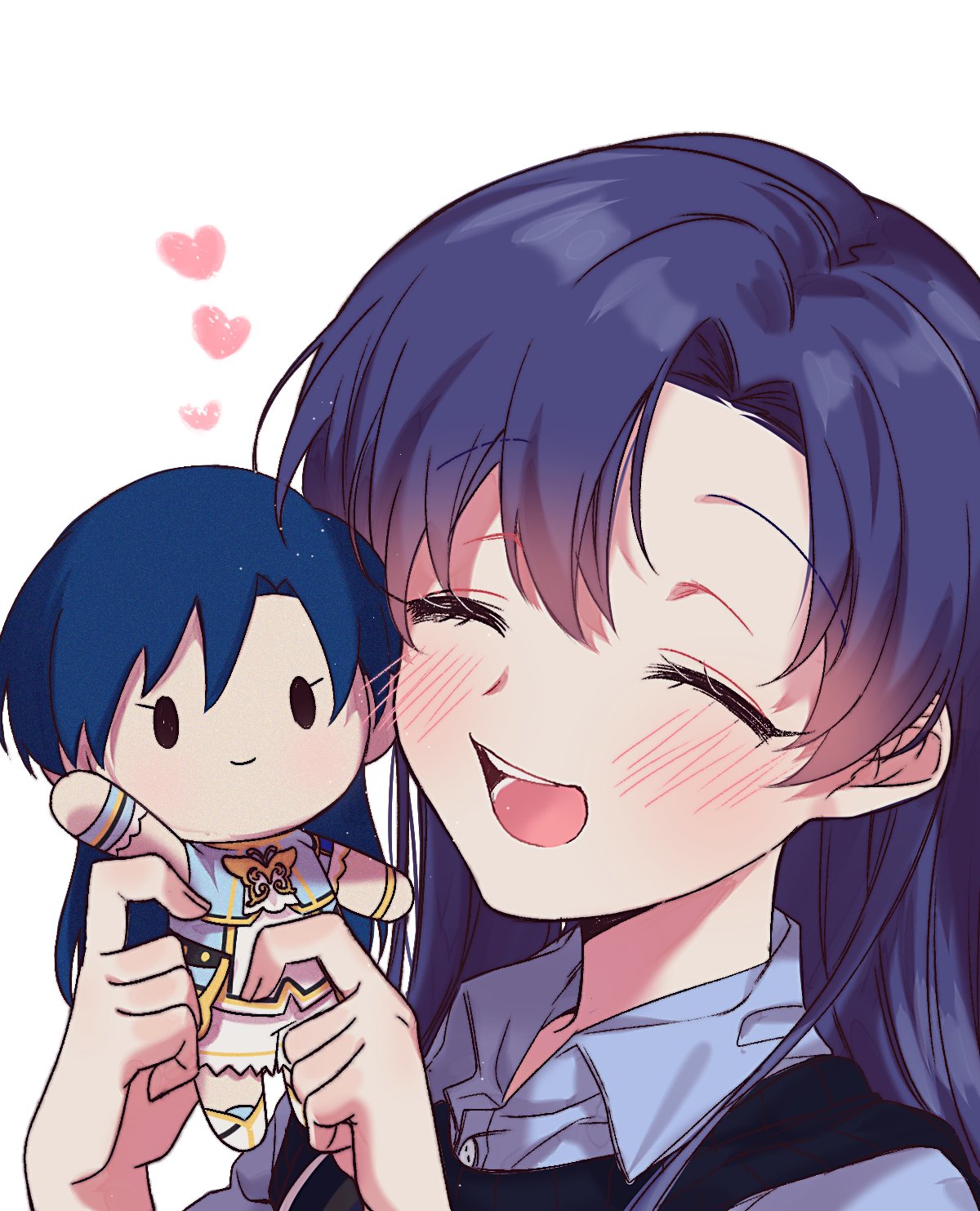 lunim (roo 0 0), kisaragi chihaya, idolmaster, idolmaster (classic), idolmaster million live!, idolmaster million live! theater days, highres, 1girl, blue hair, blue shirt, blush, character doll, closed eyes, doll, heart, holding, holding stuffed toy, long hair, open mouth, portrait, shirt, simple background, smile, solo, stuffed toy, white background