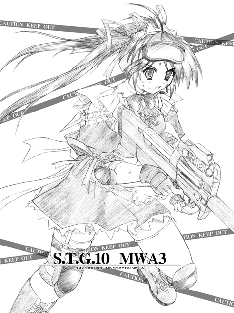 akimoto dai, original, 1girl, assault rifle, boots, bullpup, combat maid, elbow pads, female focus, frills, gloves, goggles, greyscale, gun, horizontal magazine, knee pads, long hair, maid, monochrome, p90, personal defense weapon, ribbon, rifle, see-through clothes, solo, submachine gun, suppressor, thighhighs, translucent, weapon