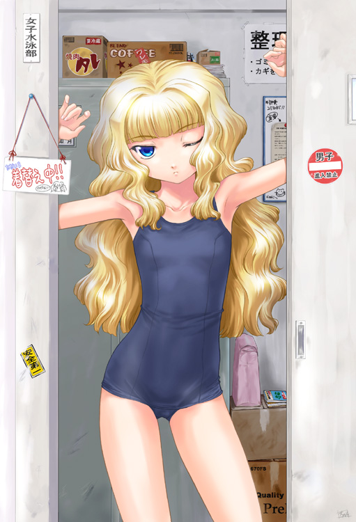 tsuchinoto, armpits, blonde hair, blue eyes, flat chest, locker, one-piece swimsuit, one eye closed, school swimsuit, solo, swimsuit, wink