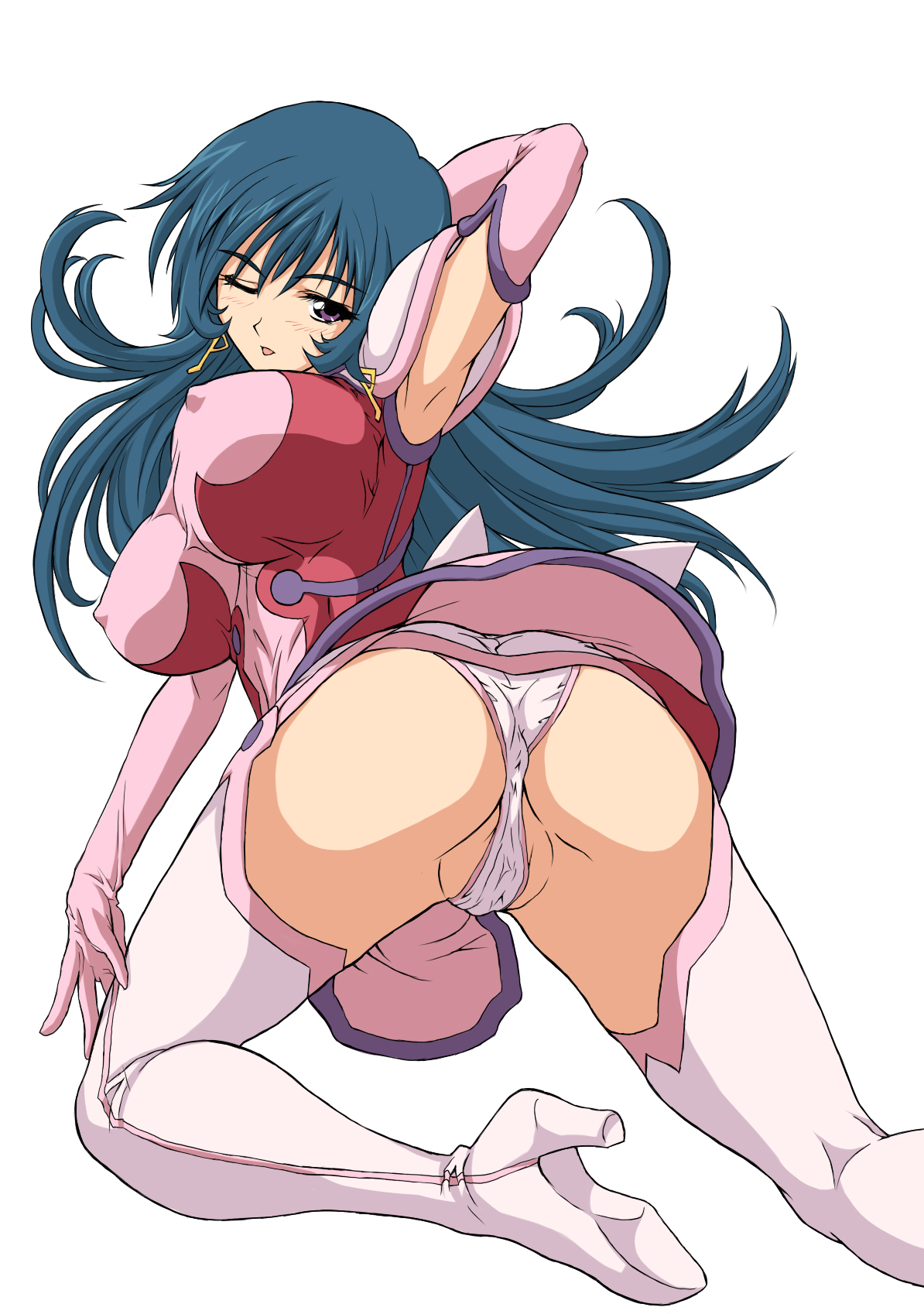 kotona elegance, zoids, zoids genesis, derivative work, highres, vector trace, 00s, 1girl, ass, blue hair, blush, boots, breasts, covered erect nipples, earrings, female focus, gloves, huge breasts, jewelry, long hair, one eye closed, panties, purple eyes, simple background, solo, thigh boots, thighhighs, underwear, white background, white boots, wink