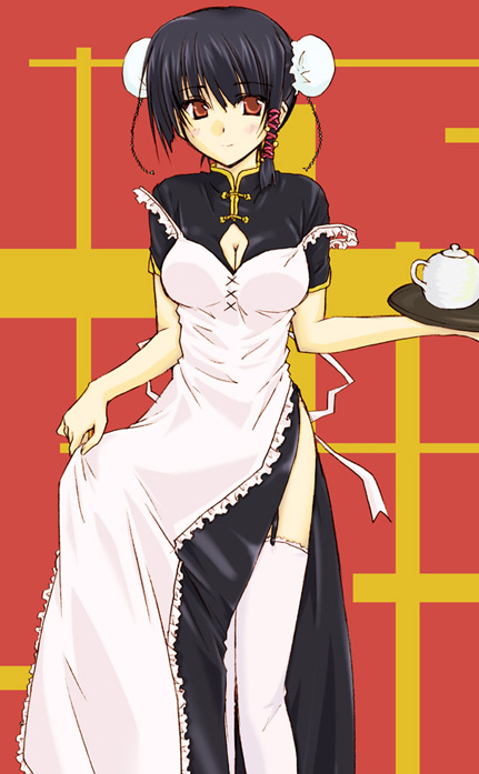 1girl, apron, black hair, breasts, bun cover, china dress, chinese clothes, double bun, dress, female focus, hair bun, hair ornament, red eyes, side slit, solo, standing, tea, teapot, thighhighs, tray, waitress, white thighhighs