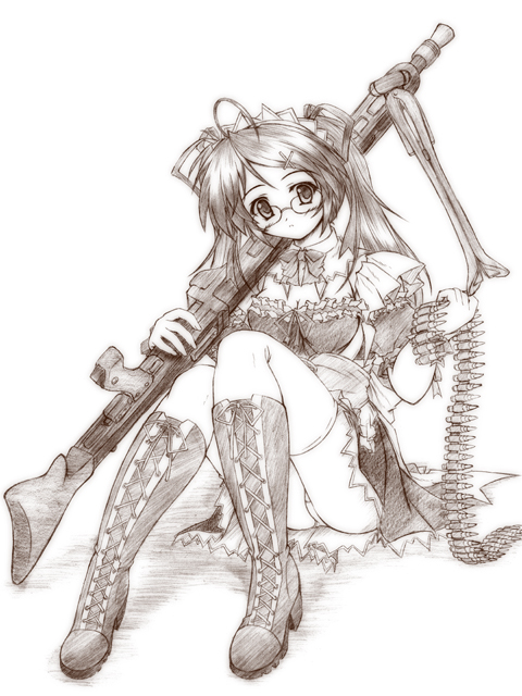 akimoto dai, 1girl, ammunition belt, boots, combat maid, female focus, frills, greyscale, gun, hair ribbon, long hair, machine gun, maid, mg 42, monochrome, panties, pantyshot, ribbon, sitting, solo, thighhighs, twintails, underwear, weapon
