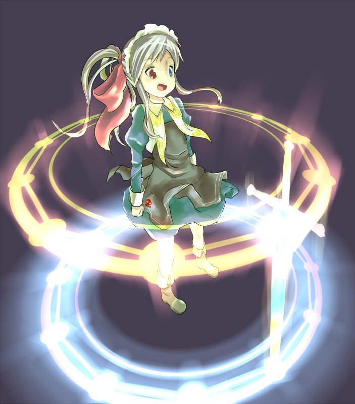 harepore, bad id, bad pixiv id, heterochromia, magic, maid, ribbon, solo, sword, weapon