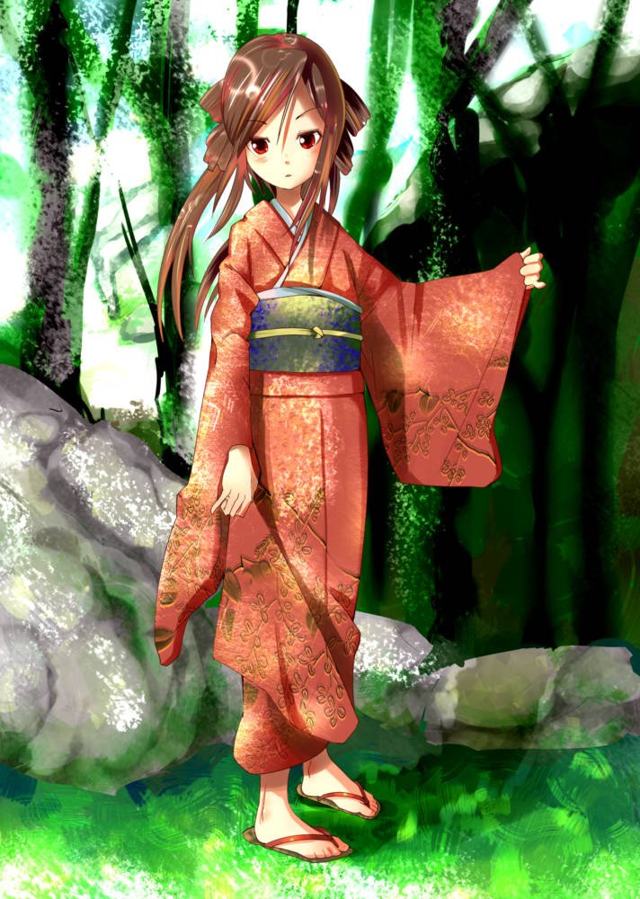 harepore, bad id, bad pixiv id, jpeg artifacts, brown hair, feet, forest, japanese clothes, nature, red eyes, sandals, solo, toes, tree