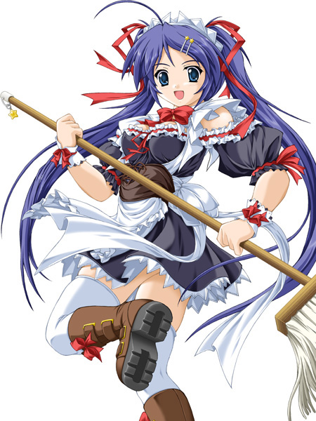 akimoto dai, blue eyes, blue hair, boots, frills, hair ornament, hair ribbon, hairclip, long hair, maid, mop, ribbon, solo, thighhighs, twintails, zettai ryouiki