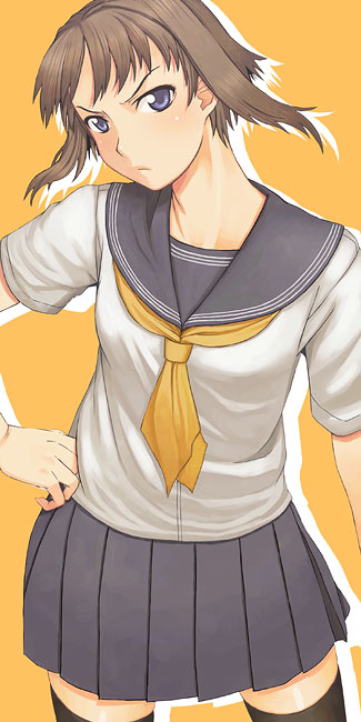 original, 1girl, black thighhighs, blouse, female focus, hand on own hip, head tilt, neckerchief, orange background, outline, school uniform, serafuku, shirt, solo, standing, thighhighs, white outline, white shirt, yellow neckerchief, zettai ryouiki