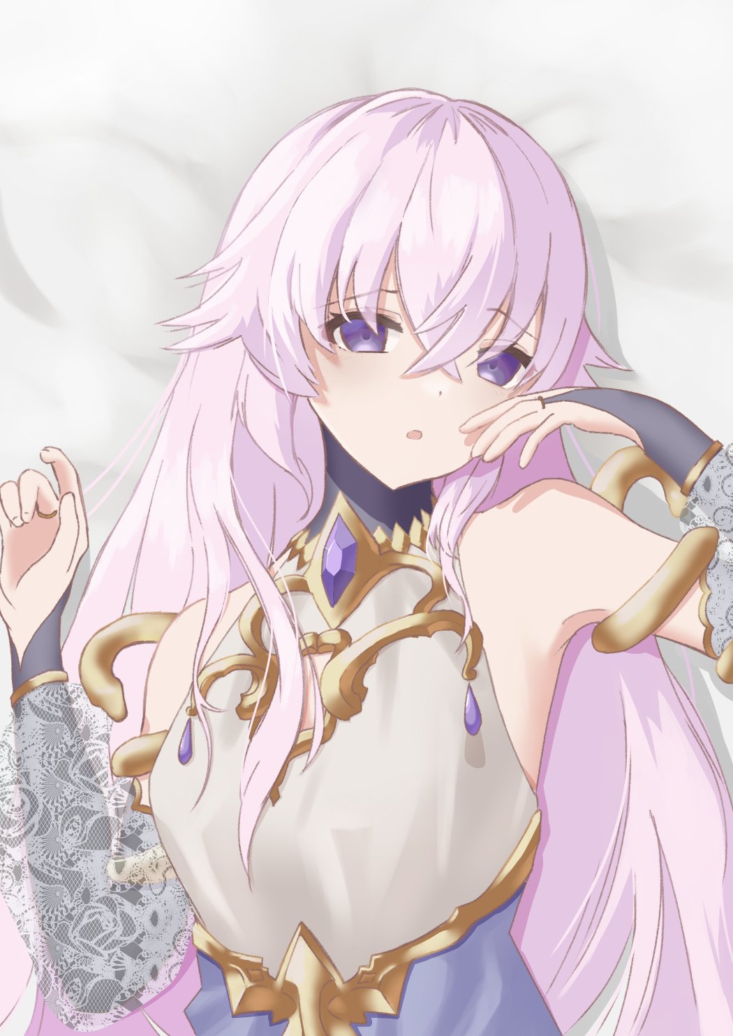 apogeeen, magic mirror (grimms notes), grimms notes, 1girl, looking at viewer, on bed, purple hair, solo