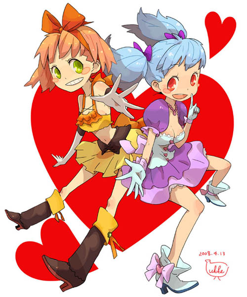 ukke, original, 2girls, boots, gloves, heart, multiple girls