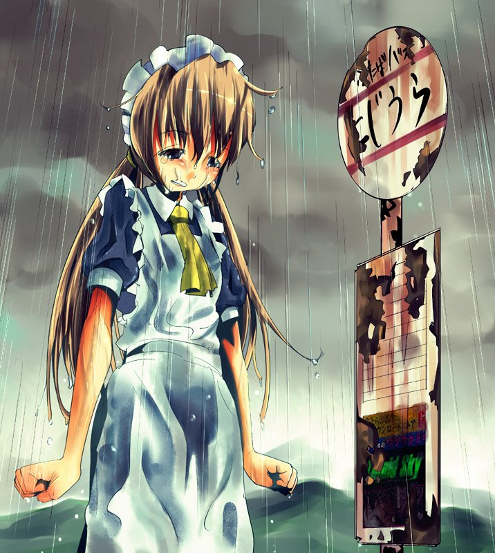 harepore, bad id, bad pixiv id, 1girl, arms at sides, bus stop, clenched hands, crying, dark, female focus, half-closed eyes, maid, outdoors, rain, solo, tears, twintails, wet, wrists extended