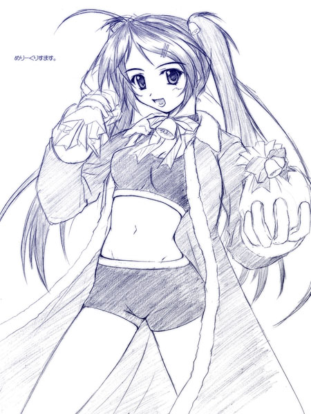 akimoto dai, 1girl, bra, christmas, female focus, hair ornament, hairclip, lingerie, long hair, monochrome, purple theme, ribbon, shorts, solo, sports bra, twintails, underwear
