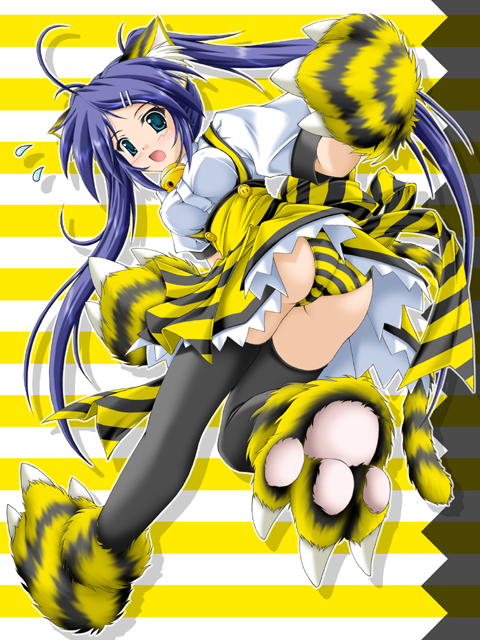 akimoto dai, 1girl, animal ears, ass, black theme, blue eyes, blue hair, breasts, female focus, full body, hair ornament, hairclip, long hair, panties, pantyshot, running, solo, striped clothes, striped panties, tail, thighhighs, twintails, underwear, waitress, yellow theme