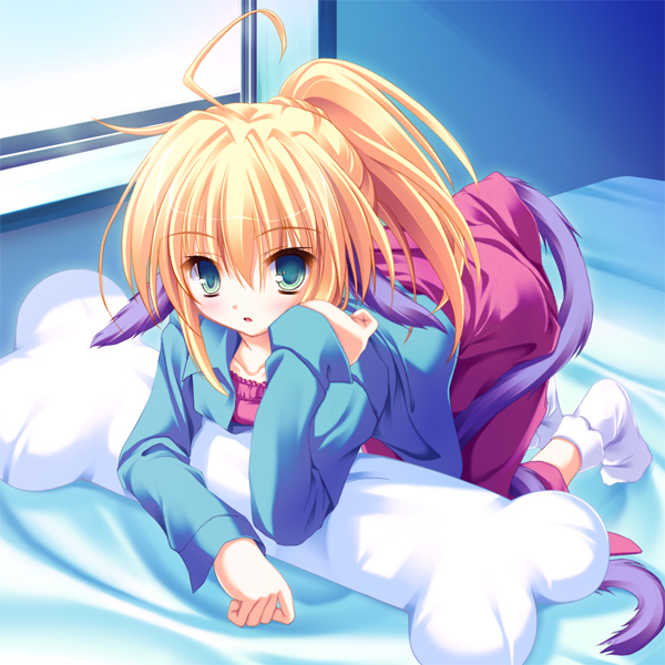 mikagami mamizu, fenrir, fenrir (aquarian age), aquarian age, aquarion (series), sousei no aquarion, 00s, 1girl, ahoge, animal ears, bed, bent over, blonde hair, bone, female focus, indoors, long hair, pillow, ponytail, socks, solo, tail