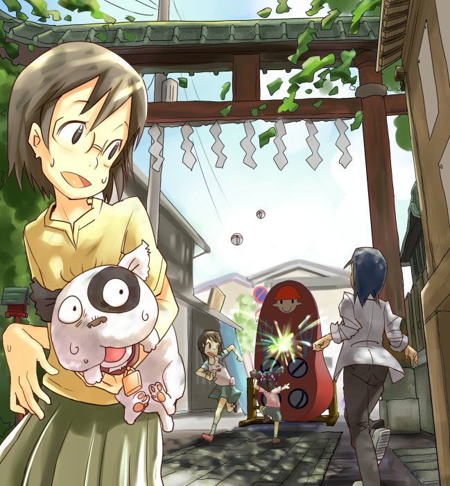 harepore, densuke (dennou coil), hashimoto fumie, kyuu-chan (dennou coil), okonogi kyouko, okonogi yuuko, searchmaton (dennou coil), dennou coil, beam, bad id, bad pixiv id, 00s, 1boy, 3girls, multiple girls, road, road sign, shide, shrine, sign, street, torii