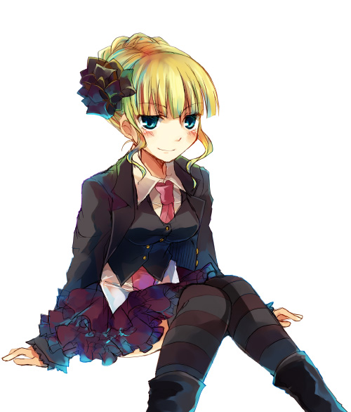 suzushiro kurumi, beatrice (umineko), umineko no naku koro ni, 00s, 1girl, blonde hair, blue eyes, female focus, necktie, pink necktie, smile, solo, striped clothes, striped thighhighs, thighhighs