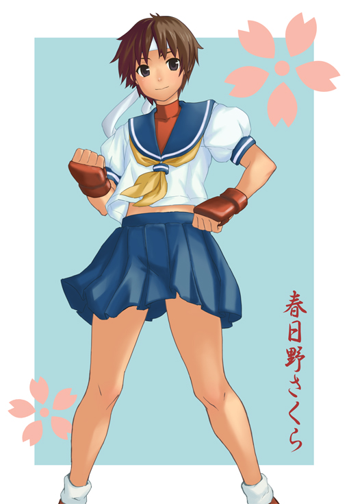 tokita arumi, kasugano sakura, capcom, street fighter, street fighter zero (series), 1990s (style), 1girl, bare legs, blue background, blue sailor collar, brown eyes, brown hair, cherry blossoms, female focus, fingerless gloves, gloves, headband, knees, legs, looking at viewer, midriff, miniskirt, neckerchief, necktie, panties, pantyhose, pantyshot, retro artstyle, sailor collar, sailor crest, school uniform, serafuku, shirt, shoes, short hair, short sleeves, skirt, sneakers, socks, solo, standing, text focus, underwear