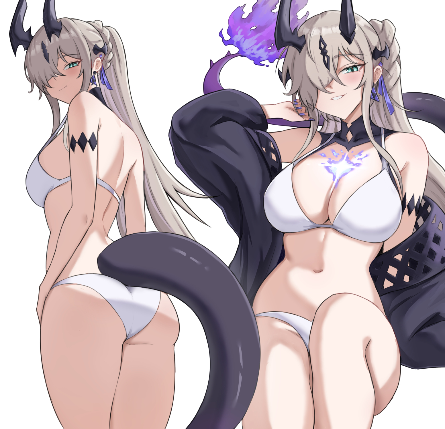 fangs (fangs art), necrass (arknights), arknights, commentary, highres, 1girl, aqua eyes, ass, bare shoulders, bikini, breasts, fire, flame-tipped tail, grey hair, grin, hair over one eye, horns, long hair, looking at viewer, multiple views, navel, off shoulder, ponytail, simple background, smile, stomach, swimsuit, tail, thighs, very long hair, white background, white bikini