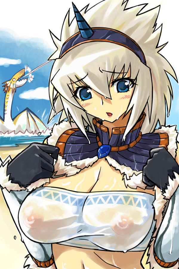 michael f91, plesioth, capcom, monster hunter (series), 1girl, bandeau, beach, blue eyes, blush, breasts, cleavage, female focus, hairband, horns, kirin (armor), nipples, see-through clothes, single horn, solo, wet