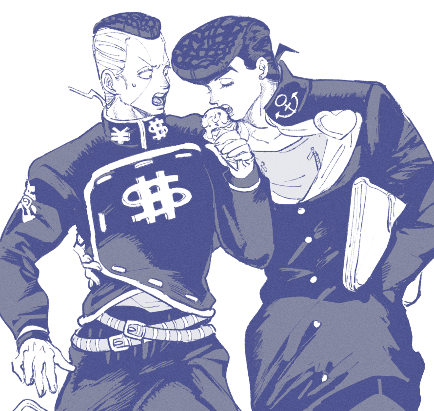tirauraja, higashikata josuke, nijimura okuyasu, diamond wa kudakenai, jojo no kimyou na bouken, 2boys, belt, belt buckle, book, buckle, buttons, collared jacket, cowboy shot, crew neck, dollar sign, earrings, facial mark, gakuran, grey background, hand in pocket, heart, holding, holding book, holding ice cream cone, ice cream cone, jacket, jewelry, long sleeves, looking at another, male focus, multiple belts, multiple boys, open mouth, pants, piercing, pompadour, popped collar, school uniform, shirt, short hair, short sideburns, side-by-side, simple background, stud earrings, teeth, tongue, upper teeth only, yen sign, zipper pull tab