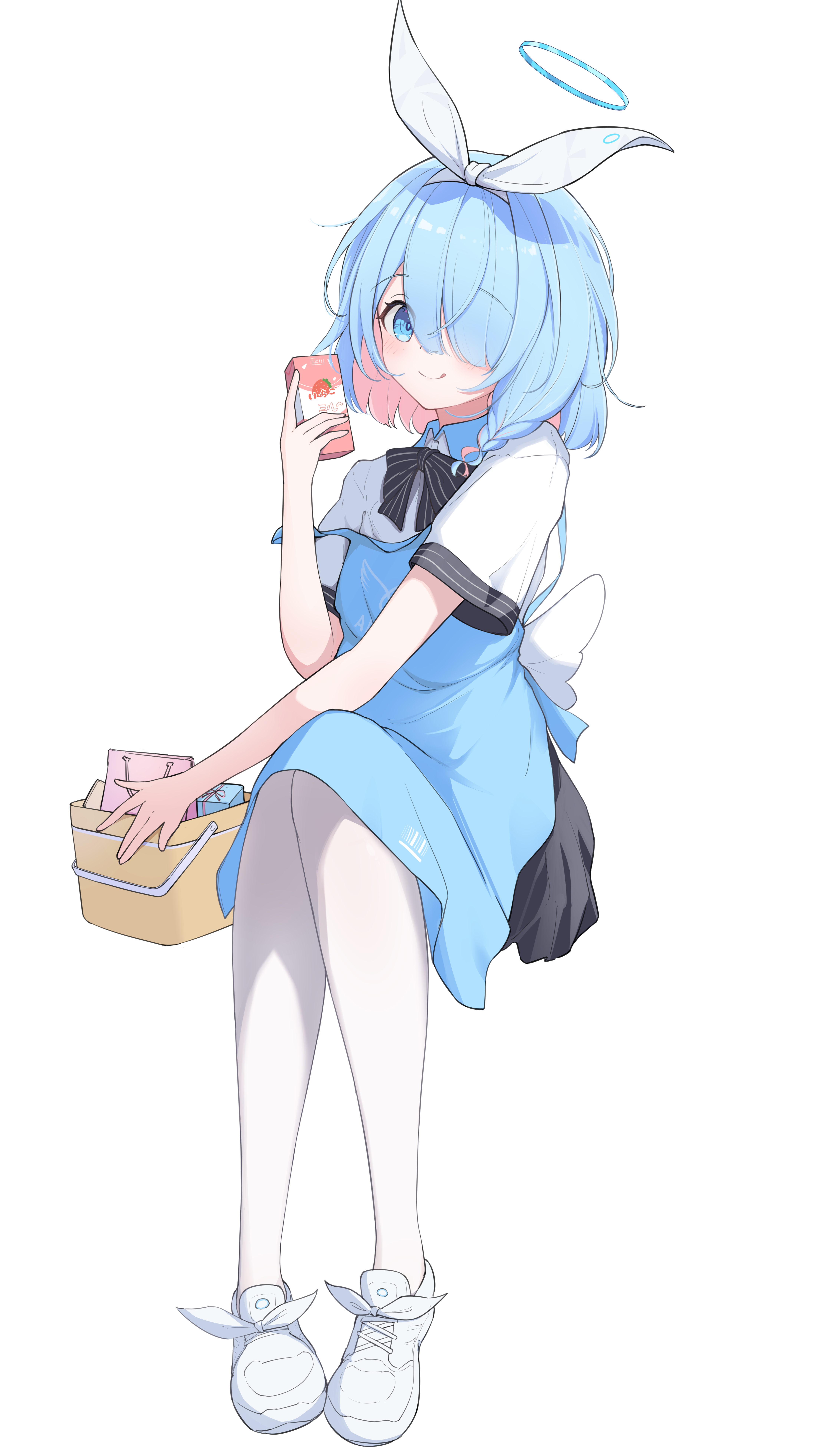 arona (blue archive), blue archive, absurdres, highres, 1girl, apron, black bow, blue apron, blue eyes, blue hair, blue halo, blush, bottle, bow, box, braid, closed mouth, dress, hair over one eye, hairband, halo, holding, holding box, milk bottle, pantyhose, shirakawaui, shirt, short hair, short sleeves, single braid, smile, solo, tongue, tongue out, white dress, white hairband, white pantyhose, white shirt