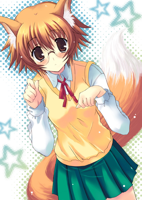 kyogoku shin, yamada michiru, to heart (series), to heart 2, 00s, 1girl, :<, animal ears, blush, brown eyes, female focus, fox ears, fox tail, glasses, orange hair, paw pose, school uniform, serafuku, skirt, solo, tail