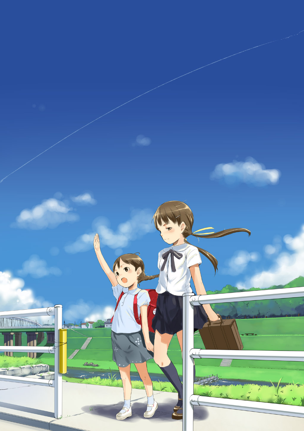 sody, original, highres, 2girls, arm up, backpack, bag, braid, bridge, brown hair, child, cloud, contrail, day, mary janes, multiple girls, railing, randoseru, school uniform, serafuku, shoes, siblings, sisters, skirt, sky, slice of life, twintails