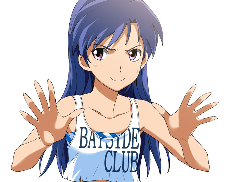 a1 (initial-g), kisaragi chihaya, idolmaster, idolmaster (classic), idolmaster 1, 00s, 1girl, bare shoulders, blue hair, brown eyes, closed mouth, female focus, long hair, looking at viewer, shirt, simple background, sleeveless, sleeveless shirt, smirk, solo, spread fingers, tank top, upper body, very long hair, white background