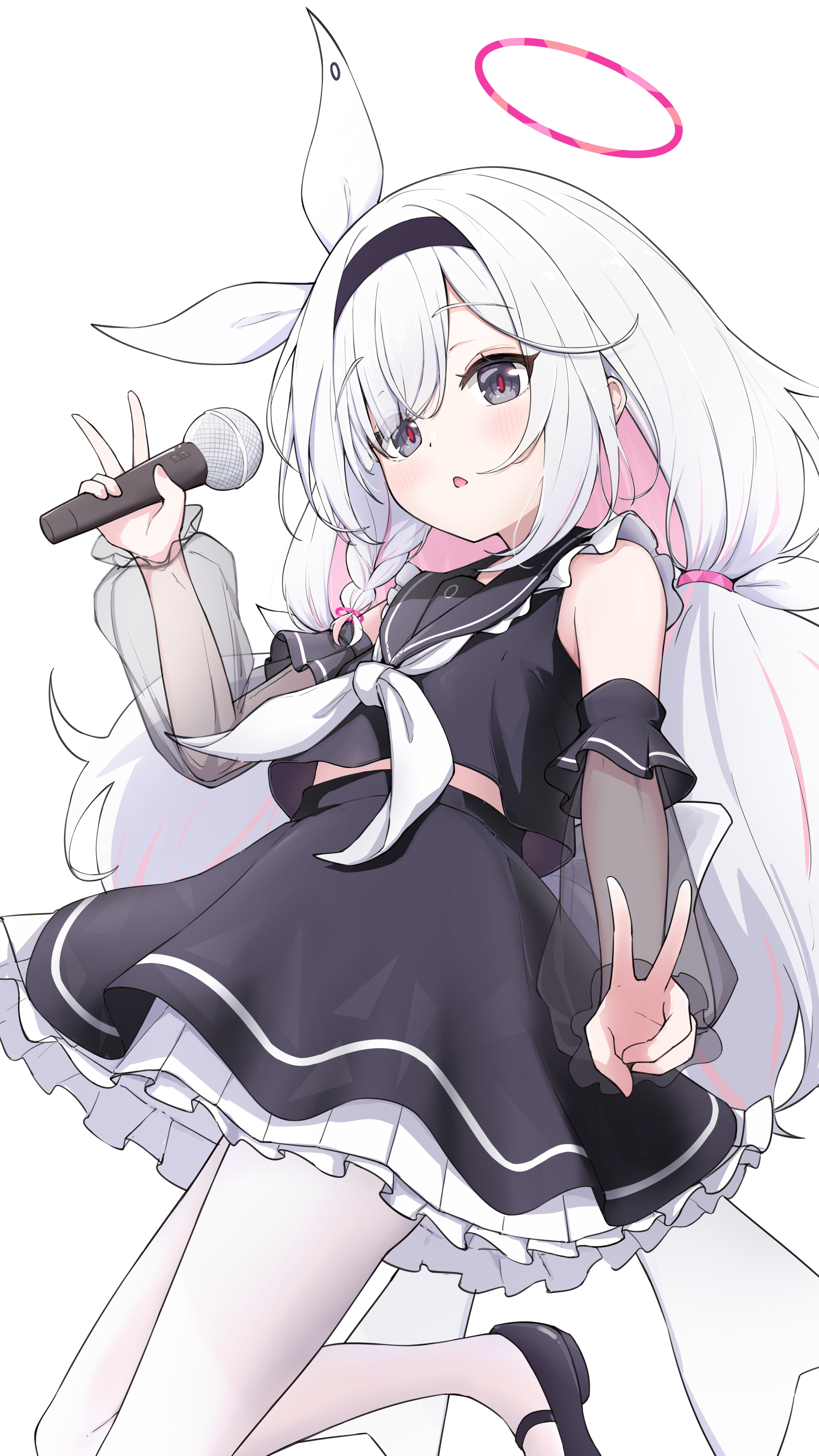 plana (blue archive), blue archive, absurdres, highres, 1girl, alternate costume, black hairband, black sailor collar, black shirt, black shoes, black skirt, braid, colored inner hair, detached sleeves, grey eyes, hair over one eye, hair ribbon, hairband, halo, holding, holding microphone, long hair, looking at viewer, microphone, multicolored hair, neckerchief, pantyhose, red hair, red halo, red pupils, ribbon, sailor collar, see-through clothes, see-through sleeves, shirakawaui, shirt, shoes, sidelocks, single braid, skirt, solo, two-tone hair, v, white hair, white neckerchief, white pantyhose, white ribbon
