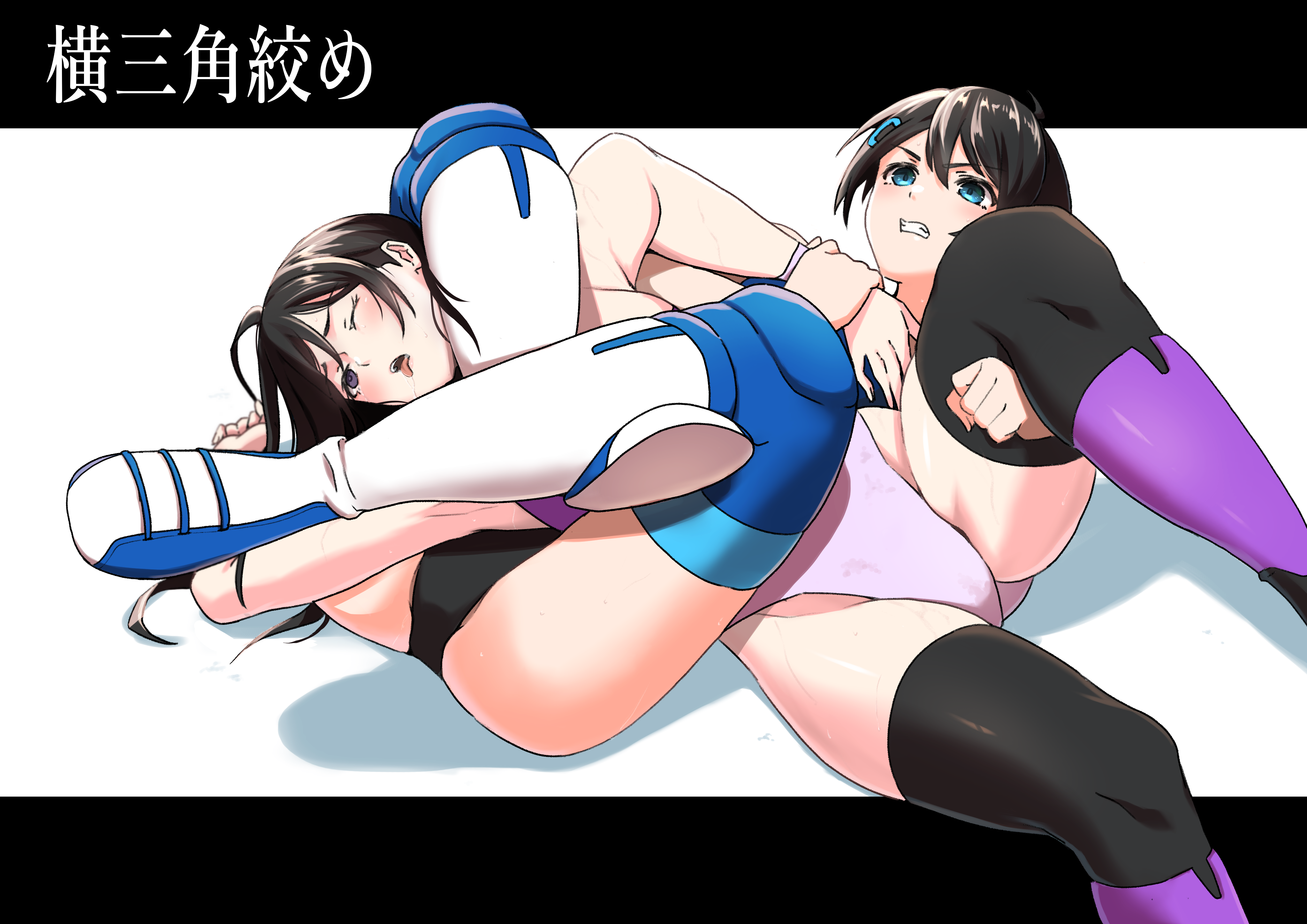 28adg, fujisawa hitomi, nagano aoi, original, 2girls, blush, fingerless gloves, gloves, hair ornament, hairclip, multiple girls, submission, wrestling