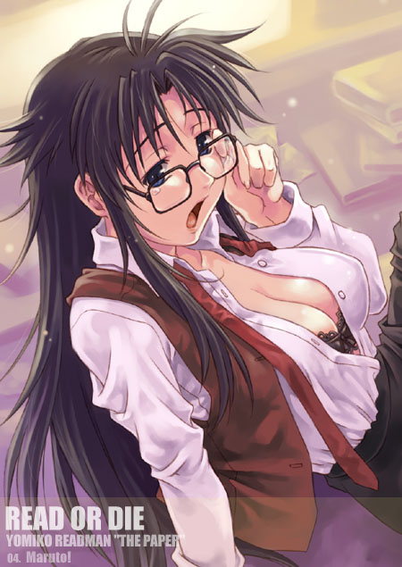maruto!, yomiko readman, read or die, 00s, 1girl, adjusting eyewear, bra, breasts, cleavage, female focus, glasses, lingerie, necktie, open clothes, open shirt, red necktie, shirt, sleepy, solo, underwear, yawning