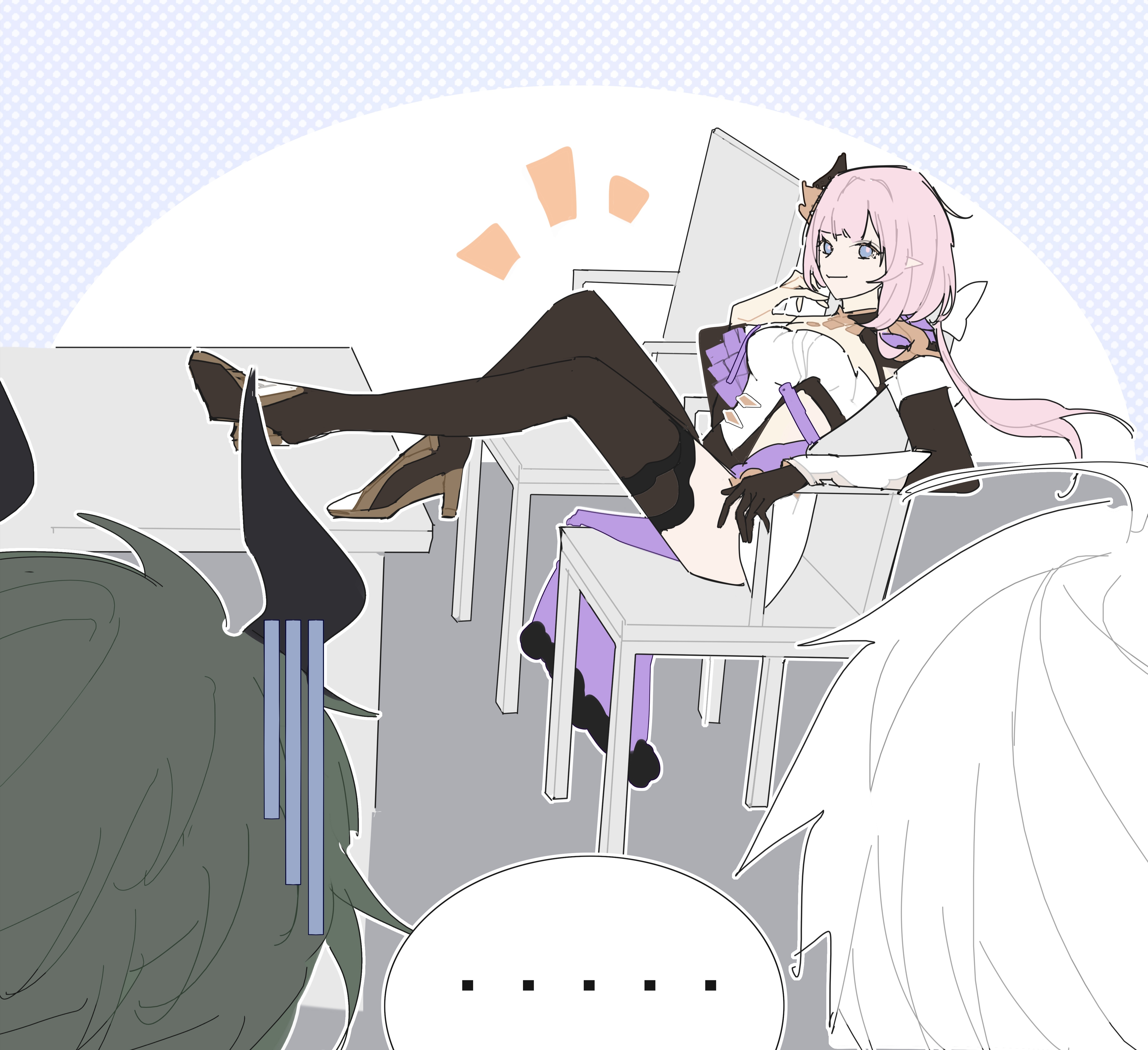 situnainaisheng, elysia (honkai impact), elysia (miss pink elf) (honkai impact), kevin kaslana, kosma, honkai (series), honkai impact 3rd, absurdres, chinese commentary, commentary request, highres, …, 1girl, 2boys, black boots, black horns, blue eyes, boots, breasts, cape, chair, corset, feet on table, green hair, hair ornament, horns, indoors, large breasts, long hair, looking at another, multiple boys, on chair, pink hair, sitting, smile, spoken ellipsis, table, thigh boots, white corset, white hair