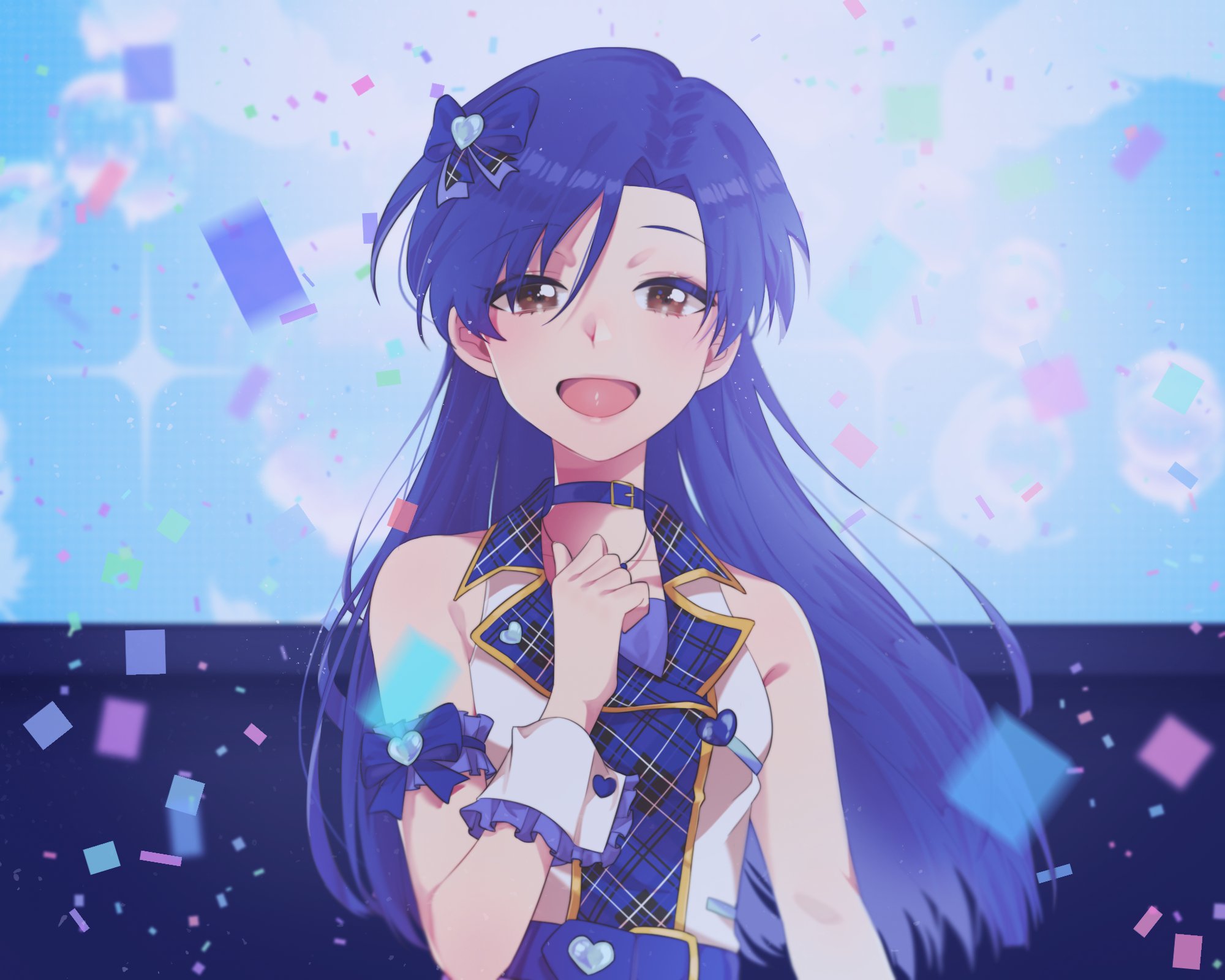 lunim (roo 0 0), kisaragi chihaya, idolmaster, idolmaster (classic), idolmaster one for all, highres, 1girl, blue bow, blue collar, blue hair, bow, brown eyes, check my note (idolmaster), collar, collared jacket, concert, confetti, hair bow, hand up, jacket, long hair, looking at viewer, official alternate costume, open mouth, plaid clothes, plaid jacket, sleeveless, sleeveless jacket, smile, solo, upper body, white wrist cuffs, wrist cuffs