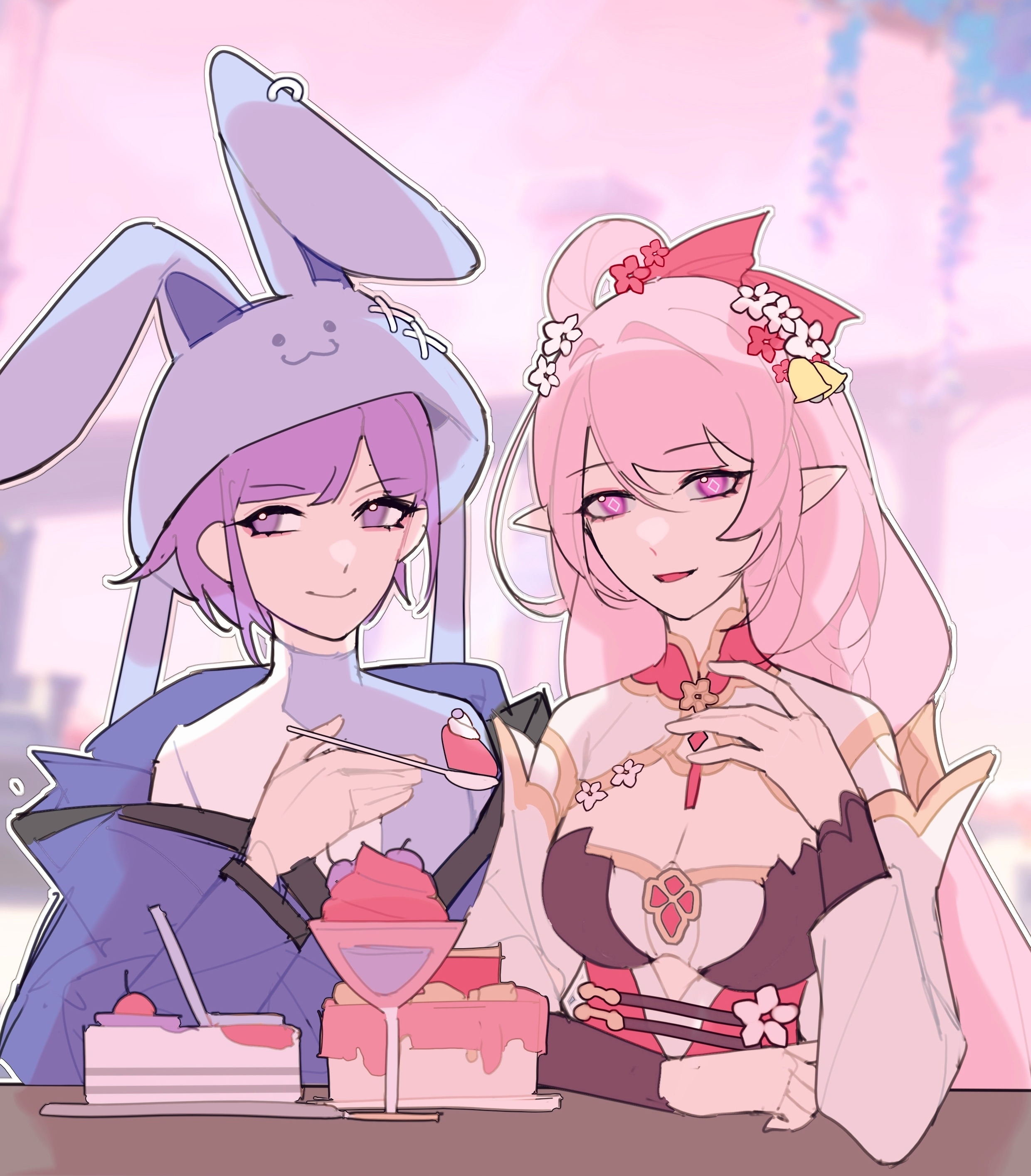 situnainaisheng, elysia (herrscher of human: ego) (honkai impact), elysia (honkai impact), elysia (peachy spring) (honkai impact), honkai (series), honkai impact 3rd, original, absurdres, chinese commentary, commentary request, highres, 2girls, bell, breasts, cake, cleavage, detached sleeves, diamond-shaped pupils, diamond (shape), dress, elf, flower, food, hair bell, hair flower, hair ornament, holding, holding spoon, large breasts, long hair, multiple girls, official alternate costume, pink hair, pointy ears, purple eyes, purple hair, rabbit ear headwear, red dress, short hair, spoon, symbol-shaped pupils, very long hair