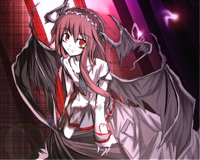 koakuma, embodiment of scarlet devil, touhou, 1girl, bat wings, dress, female focus, gradient background, head wings, red eyes, red hair, solo, wings