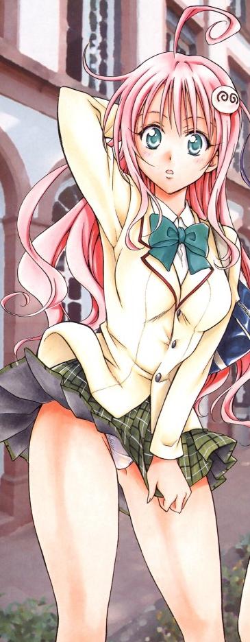 yabuki kentarou, lala satalin deviluke, peke (to love-ru), to love-ru, 00s, 1girl, female focus, green eyes, groin, long hair, panties, pantyshot, pink hair, plaid clothes, plaid skirt, ribbon, school uniform, serafuku, skirt, solo, thighs, underwear, white panties