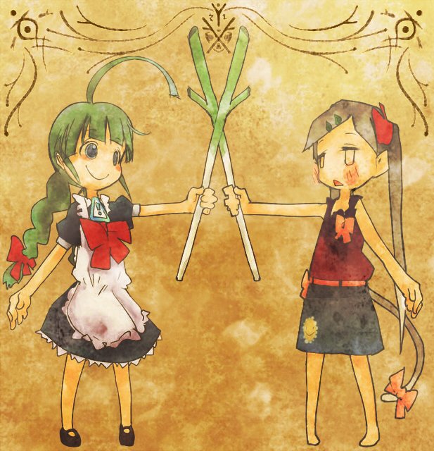 harepore, me-tan, omamoringosan, os-tan, bad id, bad pixiv id, ahoge, braid, brown hair, green hair, ponytail, spring onion, tail