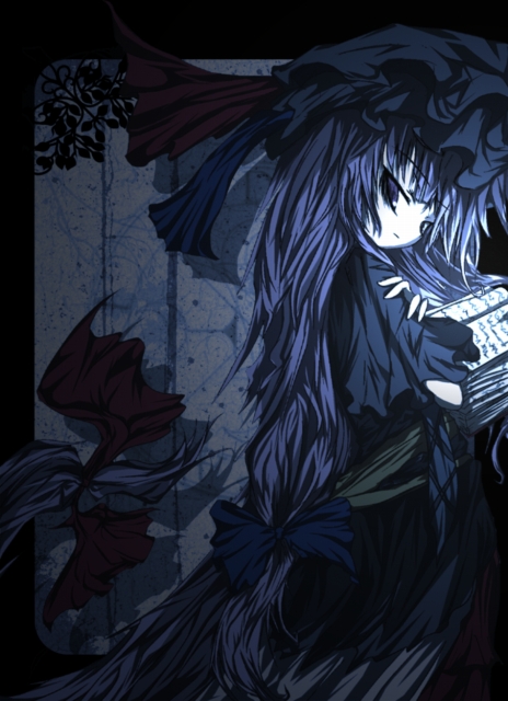 patchouli knowledge, touhou, 1girl, book, bow, female focus, hair bow, hat, long hair, purple eyes, purple hair, solo