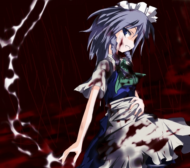 izayoi sakuya, touhou, silver hair, 1girl, blood, braid, female focus, maid, short hair, solo, twin braids