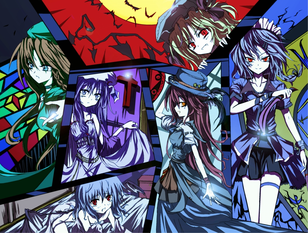 flandre scarlet, hong meiling, izayoi sakuya, patchouli knowledge, remilia scarlet, embodiment of scarlet devil, touhou, silver hair, 5girls, 6+girls, ascot, beret, black skirt, blonde hair, china dress, chinese clothes, dress, female focus, frills, hat, long hair, looking at viewer, mob cap, moon, multiple girls, pleated skirt, purple eyes, purple hair, red dress, red eyes, red hair, short hair, skirt, standing, star (symbol), thigh strap, very long hair, wings