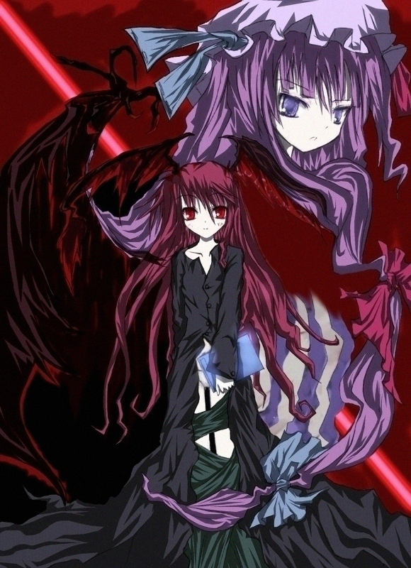 koakuma, patchouli knowledge, embodiment of scarlet devil, touhou, 2girls, female focus, hat, head wings, mob cap, multiple girls, purple hair, red hair, standing, wings
