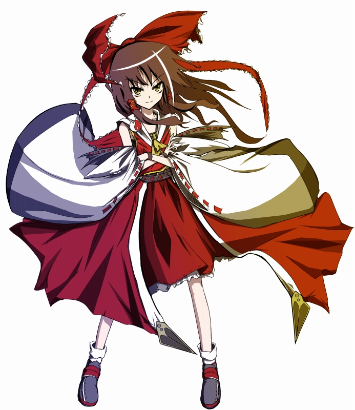 hakurei reimu, touhou, 1girl, brown hair, crossed arms, female focus, full body, japanese clothes, legs apart, looking at viewer, miko, simple background, solo, standing, white background