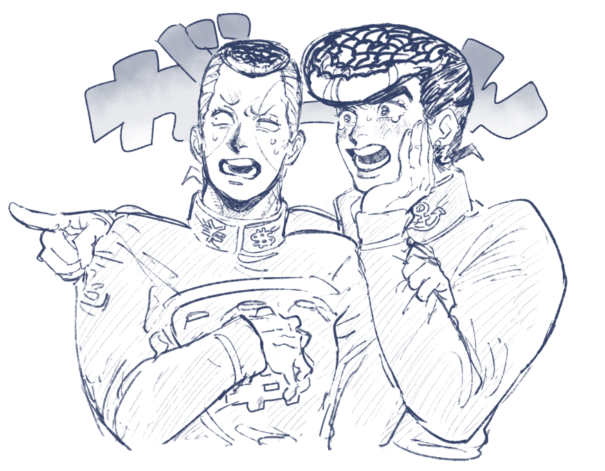 tirauraja, higashikata josuke, nijimura okuyasu, diamond wa kudakenai, jojo no kimyou na bouken, 2boys, anchor symbol, blush, collared jacket, dollar sign, earrings, fingernails, gakuran, greyscale, hand on another's arm, hand on own face, jacket, jewelry, long sleeves, looking to the side, male focus, monochrome, multiple boys, open mouth, piercing, pointing, pompadour, scared, school uniform, short hair, sideways glance, simple background, stud earrings, sweat, tears, teeth, white background