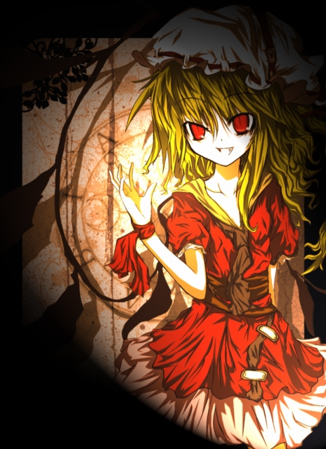 flandre scarlet, touhou, 1girl, alternate costume, blonde hair, fang, female focus, hair between eyes, hat, mob cap, red eyes, solo, standing, white hat, wings