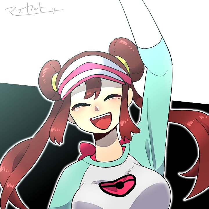 rosa (pokemon), nintendo, pokemon, pokemon bw2, 1girl, breasts, brown hair, closed eyes, double bun, hair bun, medium breasts, nrcn4245, open mouth, raglan sleeves, signature, solo, two-tone background, upper body, visor cap