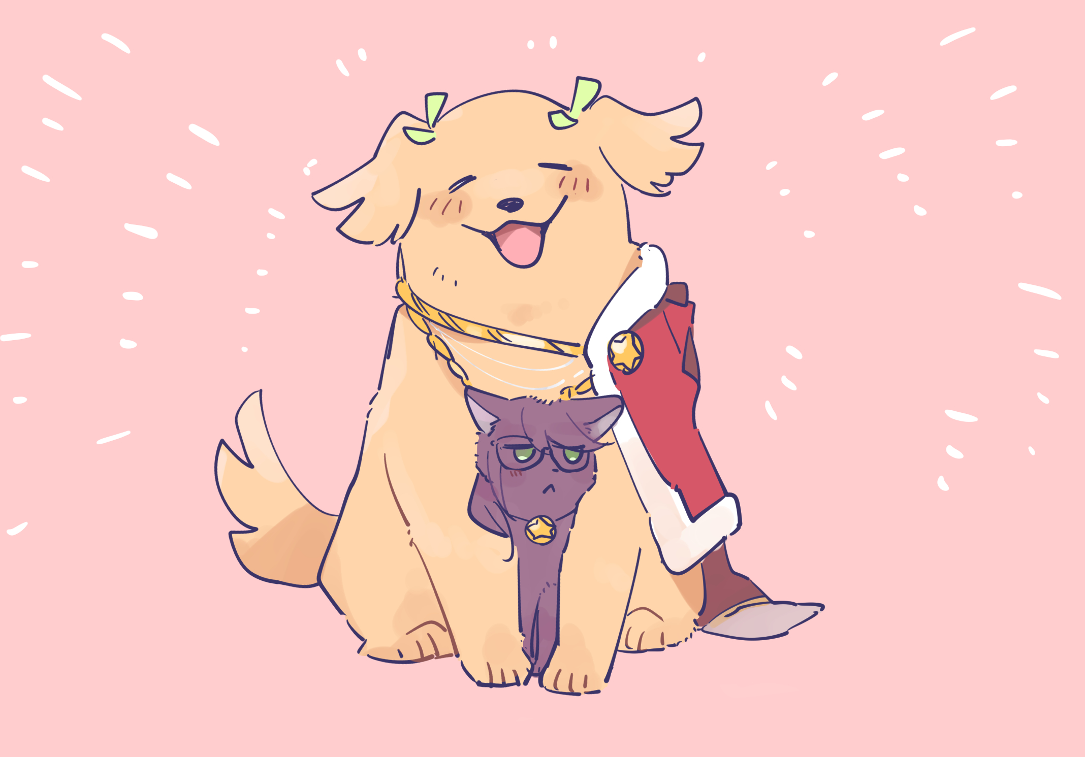 cetacea kw, daiba nana, hoshimi junna, shoujo kageki revue starlight, commentary request, highres, :<, :d, aiguillette, animalization, blush stickers, cat, closed eyes, closed mouth, dog, facing another, facing viewer, flipped bangs, full body, fur trim, green eyes, happy aura, jacket, jitome, looking to the side, no humans, open mouth, pink background, purple fur, red jacket, sideways glance, simple background, size difference, smile, straight-on, two side up, yellow fur