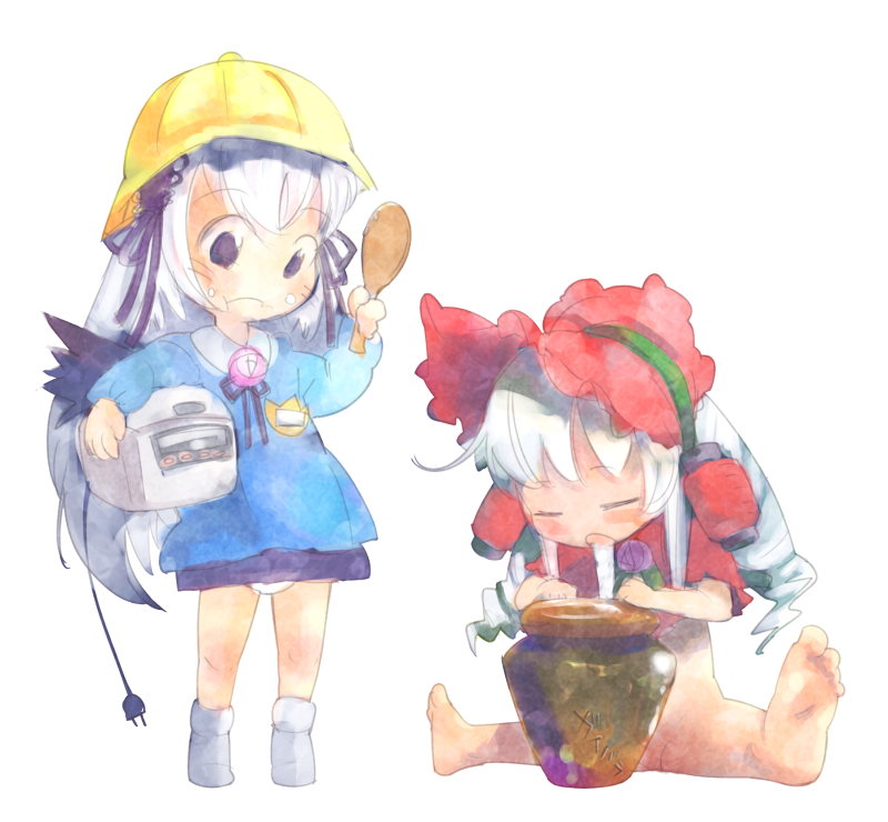 harepore, akachouchin, suigintou, futaba channel, rozen maiden, bad id, bad pixiv id, 00s, 2girls, alcohol, barefoot, bottomless, crumbs, drill hair, drunk, eating, feet, hat, holding, holding spoon, kindergarten uniform, lantern, loli, multiple girls, rice, rice cooker, sake, saliva, school hat, shamoji, split, spoon, suig, twintails, white hair